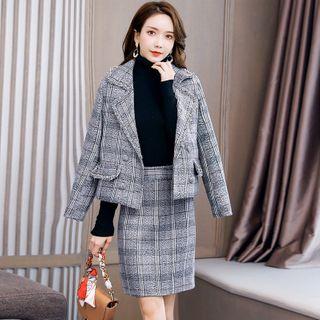 Set: Plaid Coat + Straight-fit Skirt