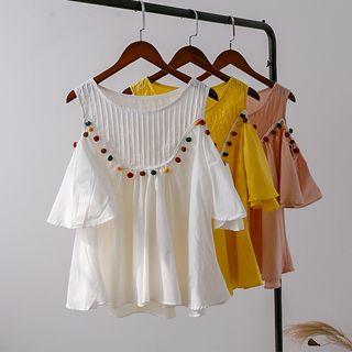 Cutout Shoulder Pom Pom Detail Elbow-sleeve Top
