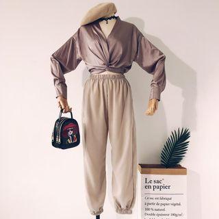 Set: V-neck Long-sleeve Top + Elastic Waist Pants Almond - One Size