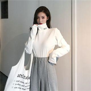 Turtleneck Lettering Embroidered Long Sleeve Top