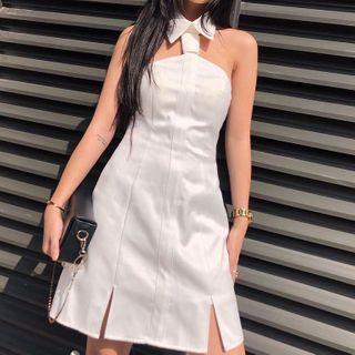 Plain Halter-neck Mini Dress