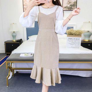 Striped Panel 3/4 Sleeve Midi Dress