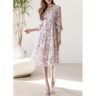 Tie-neck Floral Chiffon Midi Tiered Dress