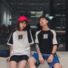 Couple Matching Lettering Color Block Elbow-sleeve T-shirt
