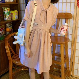Panda Embroidered Gingham Short-sleeve Dress