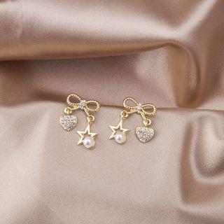 Bow & Star Faux Pearl Rhinestone Earring 1 Pair - E936-2 - Gold - One Size