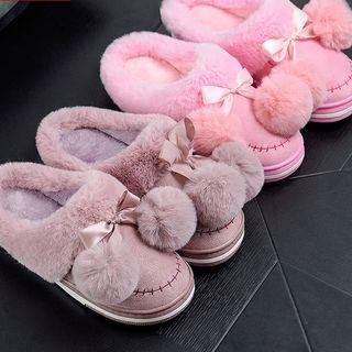 Pompom Faux Fur Trim Lined Slippers