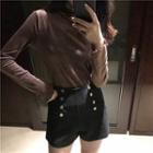 Long-sleeve Mock Neck T-shirt / High Waist Double-breasted Shorts
