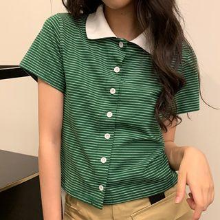 Short-sleeve Striped Buttoned T-shirt Green - One Size