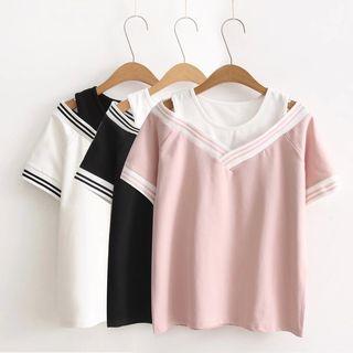 Mock Two-piece Striped Trim Short-sleeve T-shirt