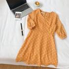 Polka Dot Chiffon V-neck Elbow-sleeve Dress Yellow - One Size