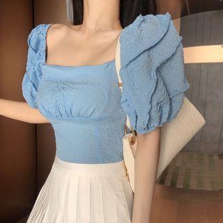 Short-sleeve Square-neck Blouse Blue - One Size