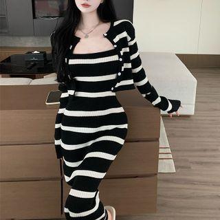 Striped Cardigan / Sleeveless Knit Sheath Dress