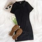 Short-sleeve Plain Slit Dress Black - One Size