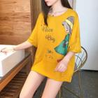 Cartoon Print Elbow-sleeve Ripped T-shirt