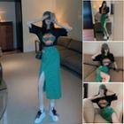 Short-sleeve Lettering T-shirt / Plaid Slit Midi Pencil Skirt / Set