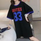 Lettering Elbow-sleeve T-shirt Dress Black - One Size