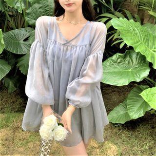 Set: V-neck Chiffon Blouse + Camisole Top Set - Blouse - Blue - One Size / Tank Top - Blue - One Size
