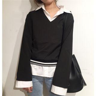 Bell-sleeve Chiffon Blouse Black - One Size