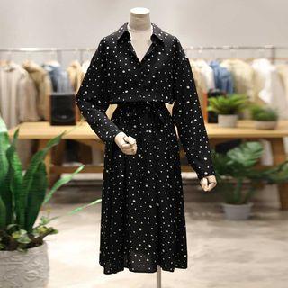 Dotted Long-sleeve A-line Dress Black - One Size
