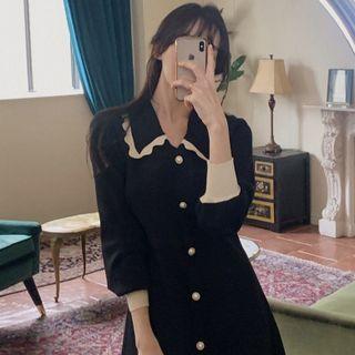 Long-sleeve Collar Knit Mini A-line Dress