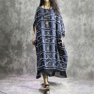 Elbow-sleeve Pattern Midi Dress