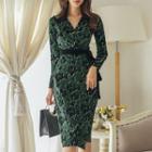 Long-sleeve V-neck Floral Midi Sheath Dress