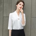 V-neck Blouse / Flared-cuff Pencil Skirt / Cropped Straight-cut Pants