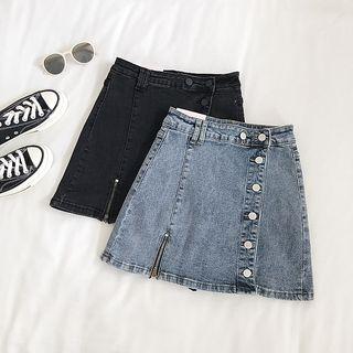 Zip-accent Single-breasted Denim Mini Skirt