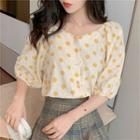 Elbow-sleeve Dotted Buttoned Top