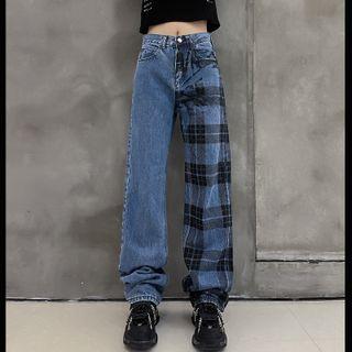 Color Block High Waist Wide Leg Gingham Jeans