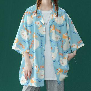 Elbow Sleeve Duck Print Oversized Shirt