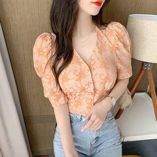 Puff-sleeve V-neck Floral Print Button-up Blouse