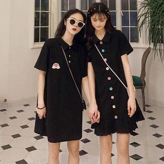 Short Sleeve Rainbow Button Polo Dress / Pleated Shirtdress
