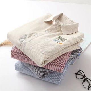 Fox Embroidered Striped Fleece-lined Shirt