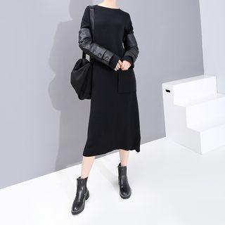 Faux Leather Panel Midi Sweater Dress