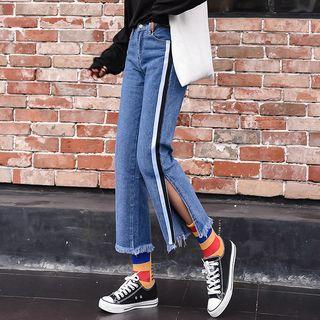 Striped Split-hem Wide-leg Jeans