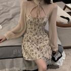 Long-sleeve Chiffon Lace-up Panel Floral Dress