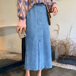 Heart Print Sweater / Midi A-line Denim Slit Skirt