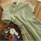 Short-sleeve Lace Trim Striped Qipao