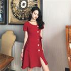 Short-sleeve Slit A-line Dress Red - One Size