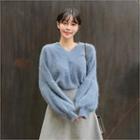 V-neck Balloon-sleeve Furry-knit Sweater