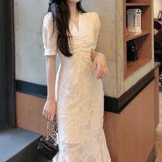 Balloon-sleeve Shirred Fringed Midi Sheath Dress