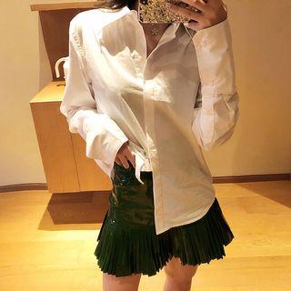 Plain Long-sleeve Blouse White - Shirt - One Size
