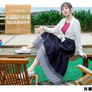 Check & Mesh Panel A-line Skirt
