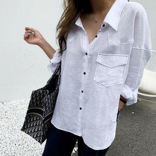 Flap-pocket Stitched Linen Shirt White - One Size