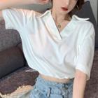 Elbow-sleeve Collared Cropped T-shirt