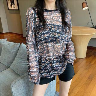 Long-sleeve Print Mesh Top As The Picture Shows - One Size