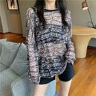Long-sleeve Print Mesh Top As The Picture Shows - One Size