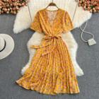 Short Sleeve Floral Print Pleated Dress